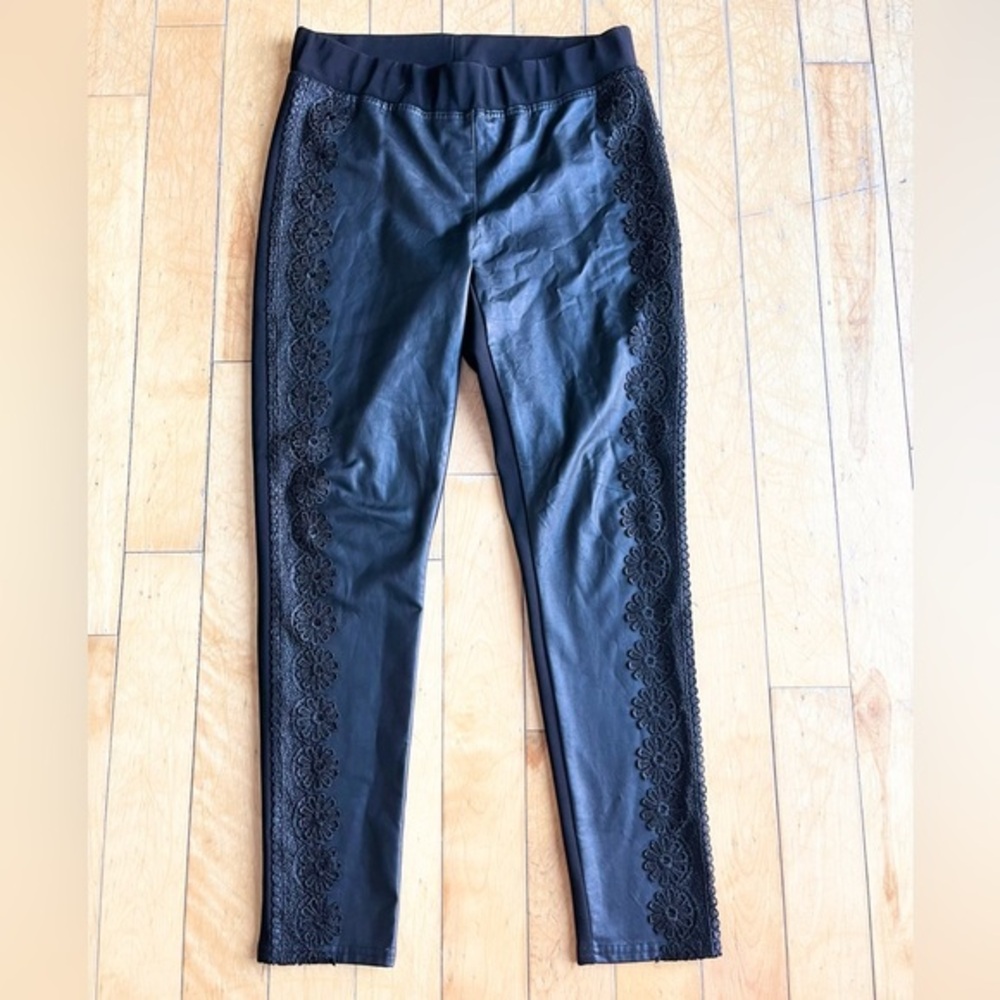 Joseph Ribkoff Black Faux Leather Leggings Pants with Floral Lace Trim – Size 10